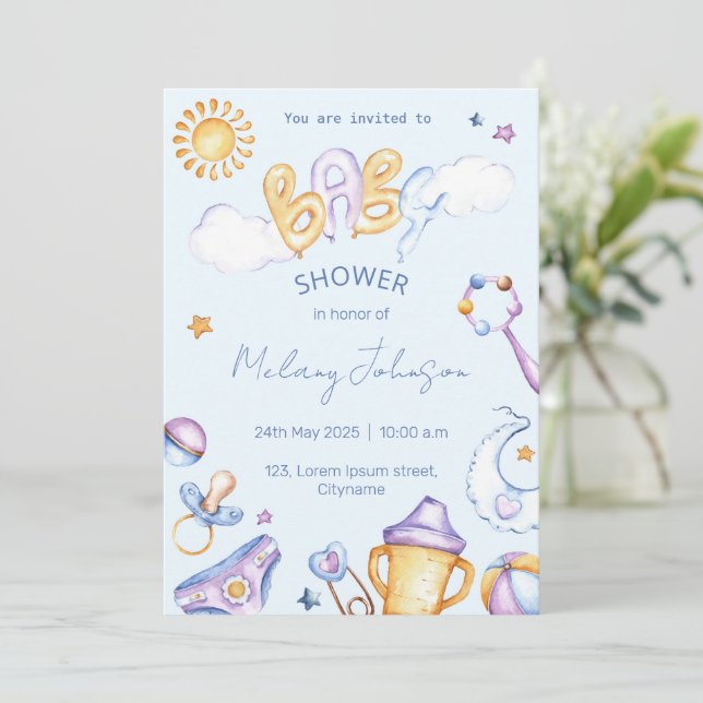 Invitation baby shower de couleur d'eau (Debout devant)