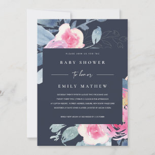INVITATION BABY SHOWER DE COULEUR D'EAU FLORALE BLEU DE MARIN