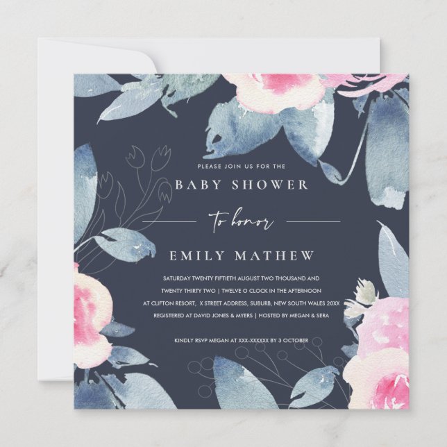 INVITATION BABY SHOWER DE COULEUR D'EAU FLORALE ROSE ROSE (Devant)