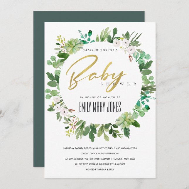 INVITATION BABY SHOWER DE COULEUR D'EAU SUCCULENTE DE RÉSERVE (Devant / Derrière)