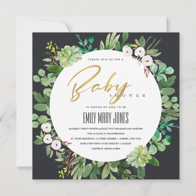INVITATION BABY SHOWER DE COULEUR D'EAU SUCCULENTE DES ÉCHAPP (Devant)