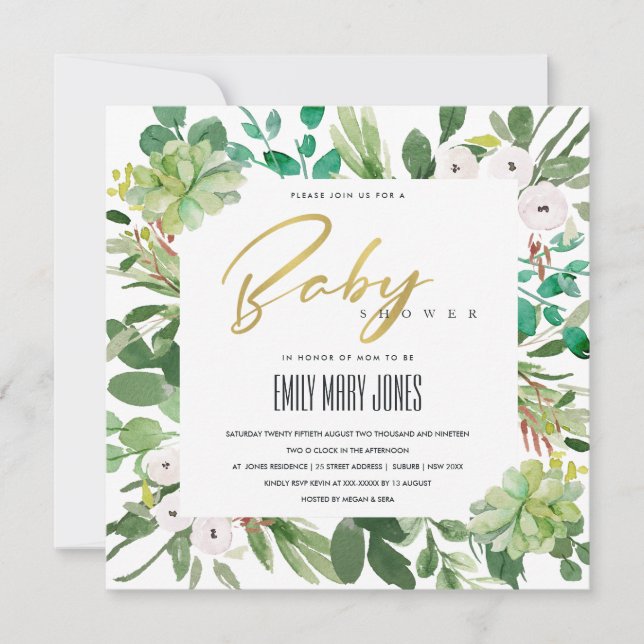 INVITATION BABY SHOWER DE COULEUR D'EAU SUCCULENTE DES ÉCHAPP (Devant)