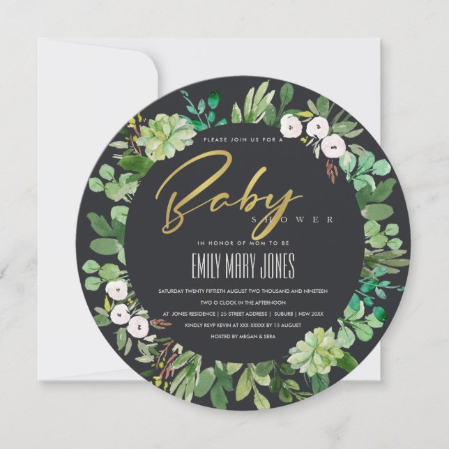 INVITATION BABY SHOWER DE COULEUR D'EAU SUCCULENTE DES ÉCHAPP (Devant)