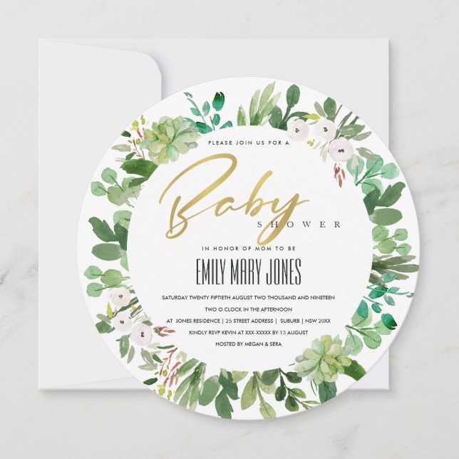 INVITATION BABY SHOWER DE COULEUR D'EAU SUCCULENTE DES ÉCHAPP (Devant)