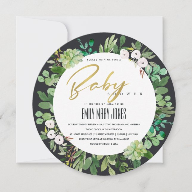 INVITATION BABY SHOWER DE COULEUR D'EAU SUCCULENTE DES ÉCHAPP (Devant)
