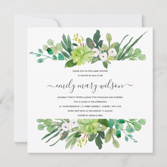 INVITATION BABY SHOWER DE COULEUR D'EAU SUCCULENTE DU CADRE D (Devant)