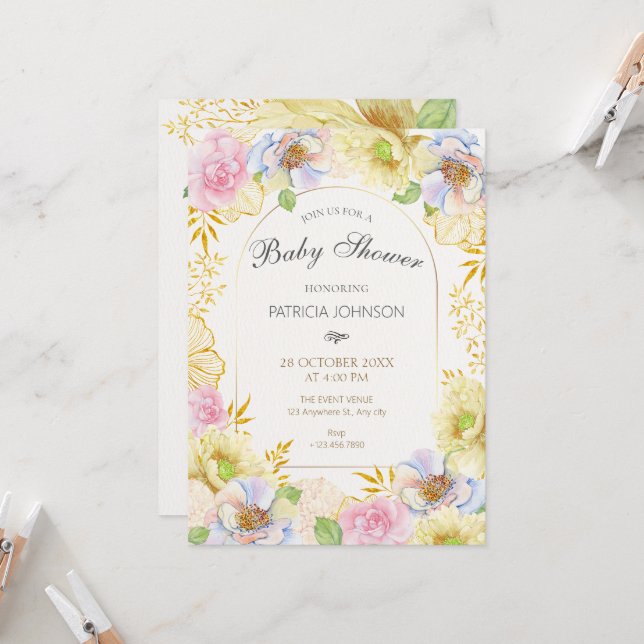 Invitation Baby shower de couleur douce florale (Devant/Arrière en situation)