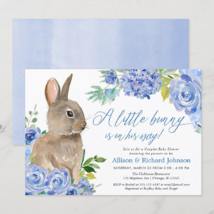 Invitation baby shower de couple de garçon floral bleu lapin