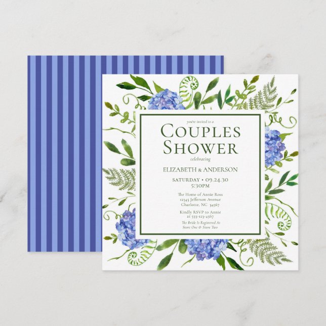 Invitation Baby-Shower de Couple Fleurs d'Hydrangeas Bleus Aq (Devant / Derrière)
