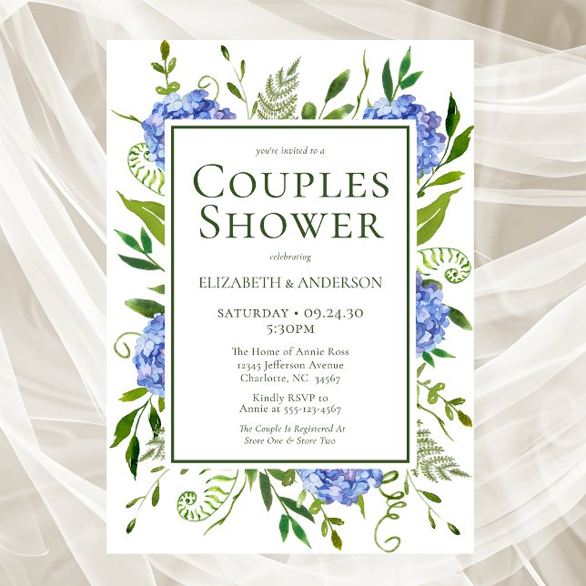 Invitation Baby-Shower de Couple Fleurs d'Hydrangeas Bleus Aq (Créateur téléchargé)