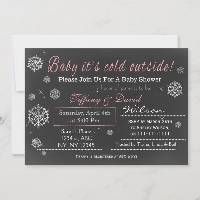 Invitation Baby shower de Couple Rose Neige hiver (Devant)