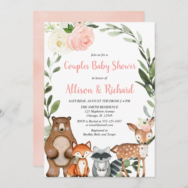 Invitation baby shower de couples de bois, animaux mignons (Devant / Derrière)