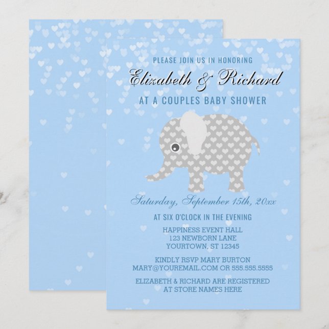Invitation Baby shower de couples de coeurs d'éléphant de (Devant / Derrière)