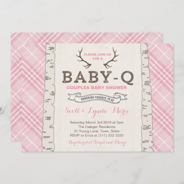 Invitation Baby shower de couples en Tartan rose pour fille (Devant / Derrière)