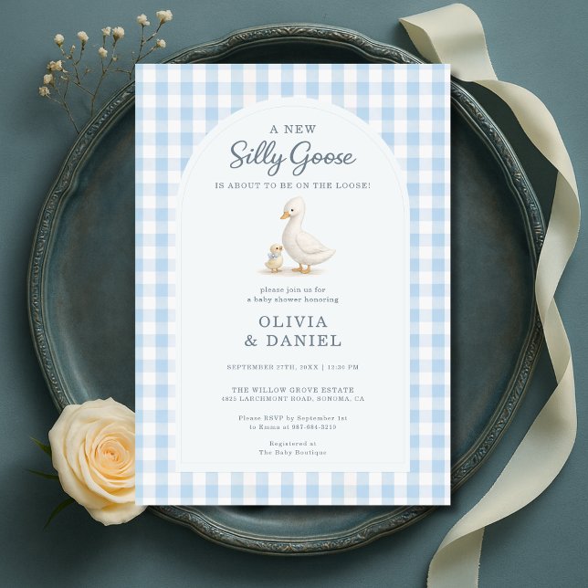 Invitation Baby Shower de couples Silly Goose Blue Gingham (Créateur téléchargé)