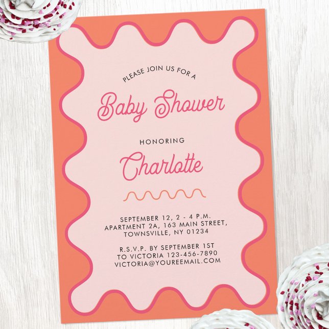 Invitation Baby shower de courbe rose orange rétro (Retro wavy pink orange curve modern baby shower invitation)