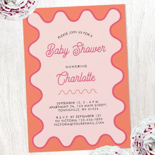 Invitation Baby shower de courbe rose orange rétro