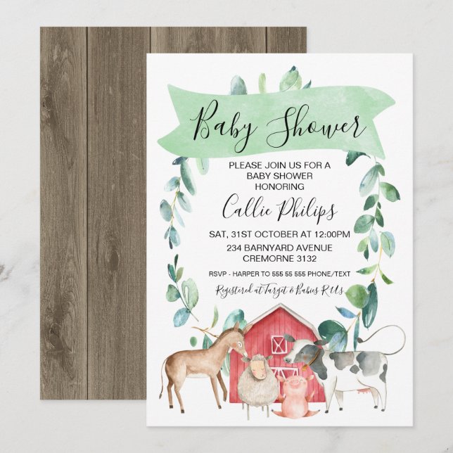 Invitation Baby shower de couronne à thème de la ferme Invita (Devant / Derrière)