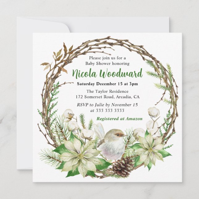 Invitation Baby shower de couronne blanc Robin et Poinsettia (Devant)