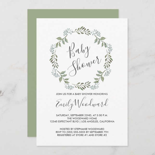 Invitation Baby shower de couronne botanique Sage Greenery (Devant / Derrière)