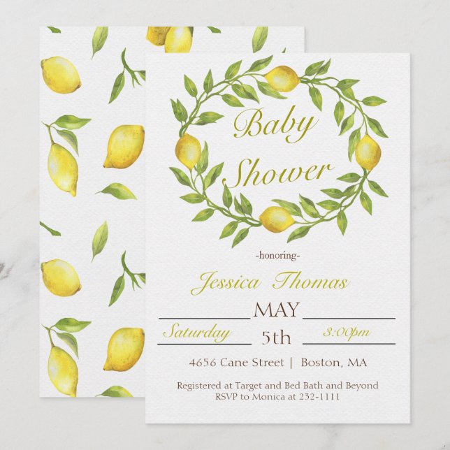 Invitation Baby shower de couronne de citron (Devant / Derrière)