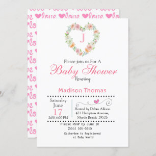 Invitation Baby shower de couronne de coeur de monogramme