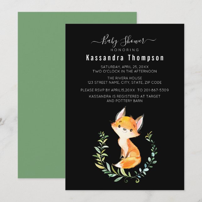 Invitation Baby shower de couronne de fleurs de renard bébé (Devant / Derrière)