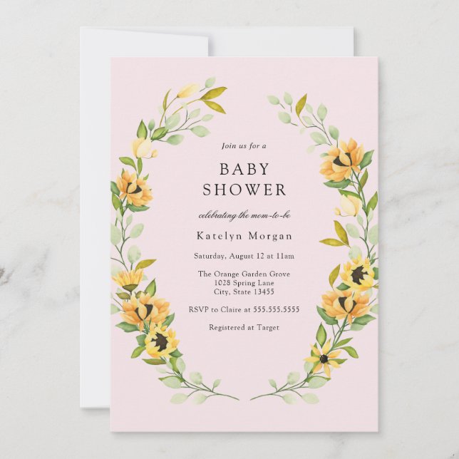 Invitation Baby shower de couronne de tournesol et de verdure (Devant)