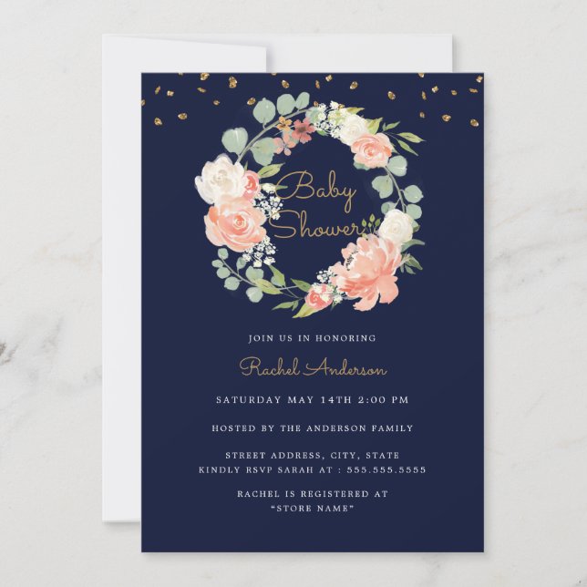 Invitation Baby shower de couronne d'or Sparkine Navy Peach (Devant)