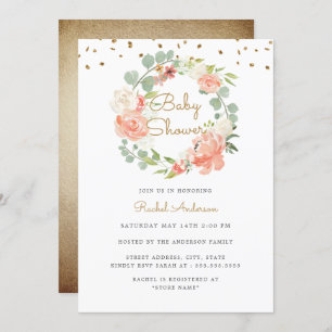 Invitation Baby shower de couronne d'or Sparkle Peach