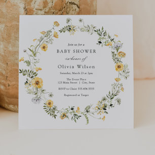 Invitation Baby shower de couronne Fleur sauvage jaune délica