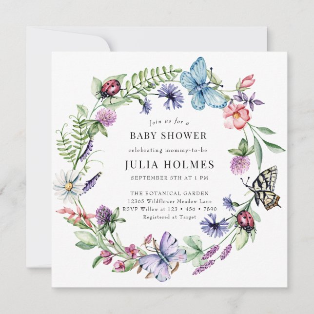 Invitation Baby shower de couronne Fleur sauvage papillon (Devant)