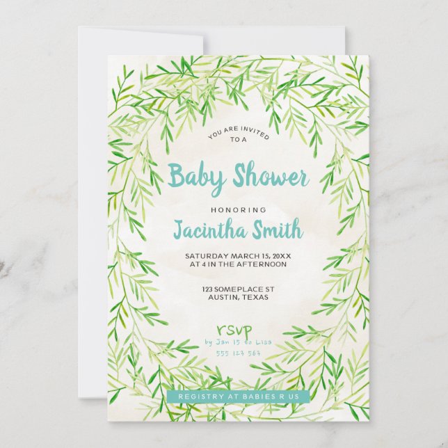 Invitation Baby shower de couronne verdoyante (Devant)