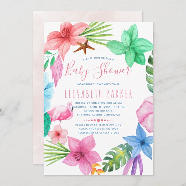 Invitation Baby shower de couronnes à fleurs rose tropicale h (Devant / Derrière)