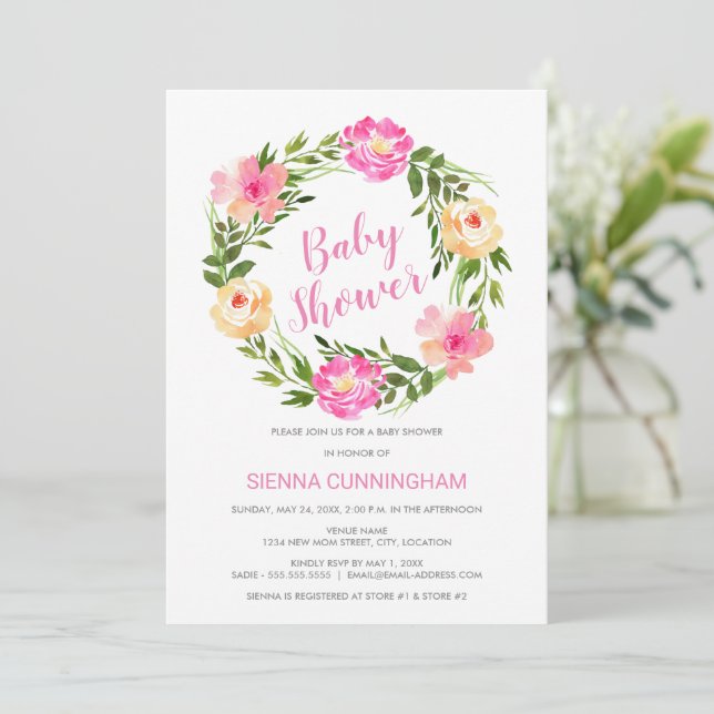 Invitation Baby shower de couronnes florales d'aquarelle (Debout devant)