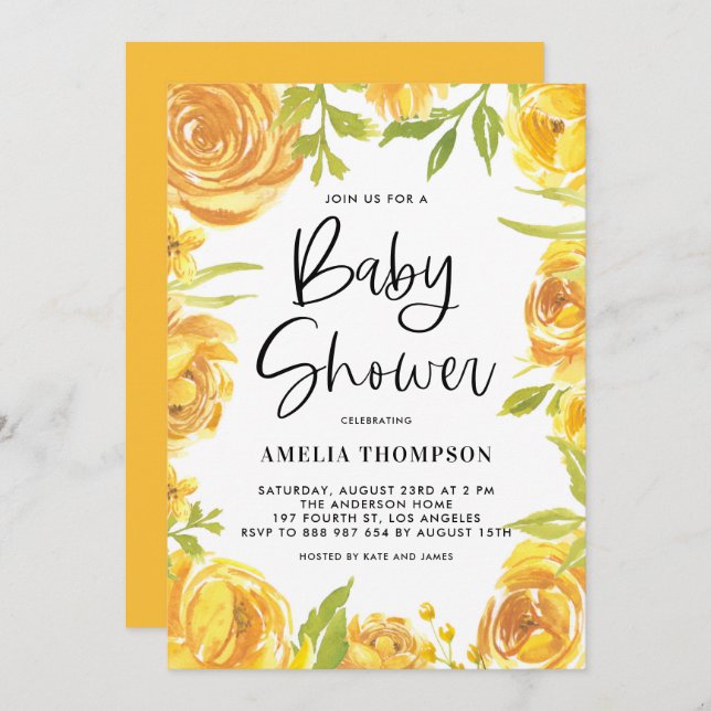 Invitation Baby shower de couronnes jaunes et de fleurs Roses (Devant / Derrière)