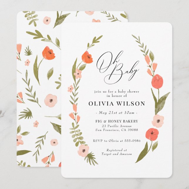 Invitation Baby shower de couronnes rose verte (Devant / Derrière)