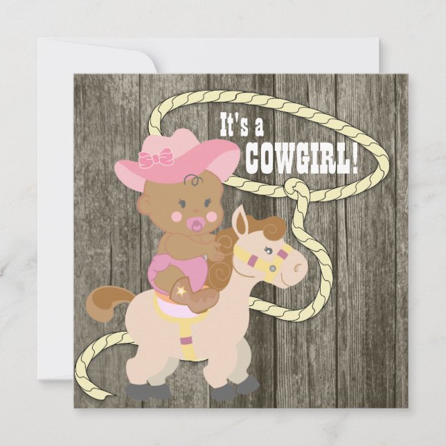 Invitation Baby shower de cow-girl en bois rustique (Devant)