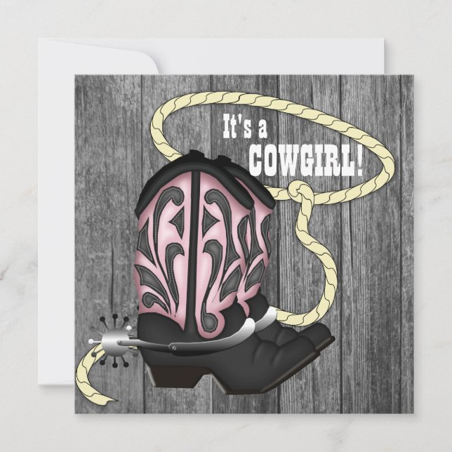 Invitation Baby shower de cowgirl en bois rose noir (Devant)