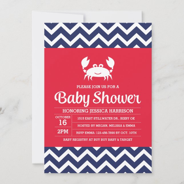 Invitation Baby shower de crabe, Invitation nautiq (Devant)