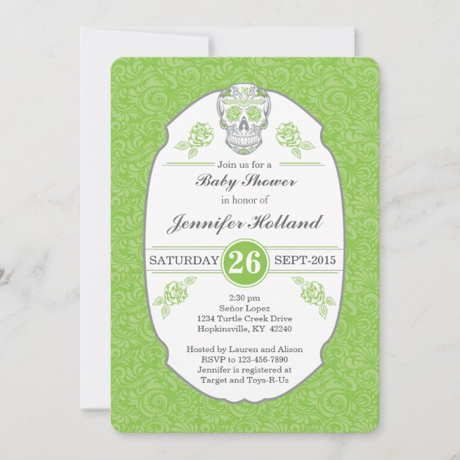 Invitation Baby shower de crâne Damas fantaisie en vert (Devant)