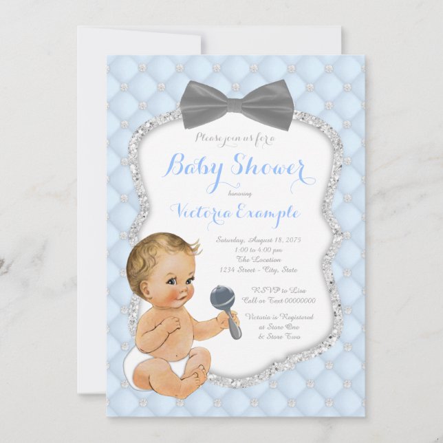 Invitation Baby shower de Cravate Garçon Silver Blue Grey (Devant)