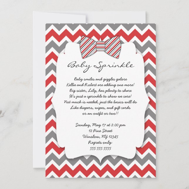 Invitation Baby shower de cravate pour bébé rouge gris (Devant)