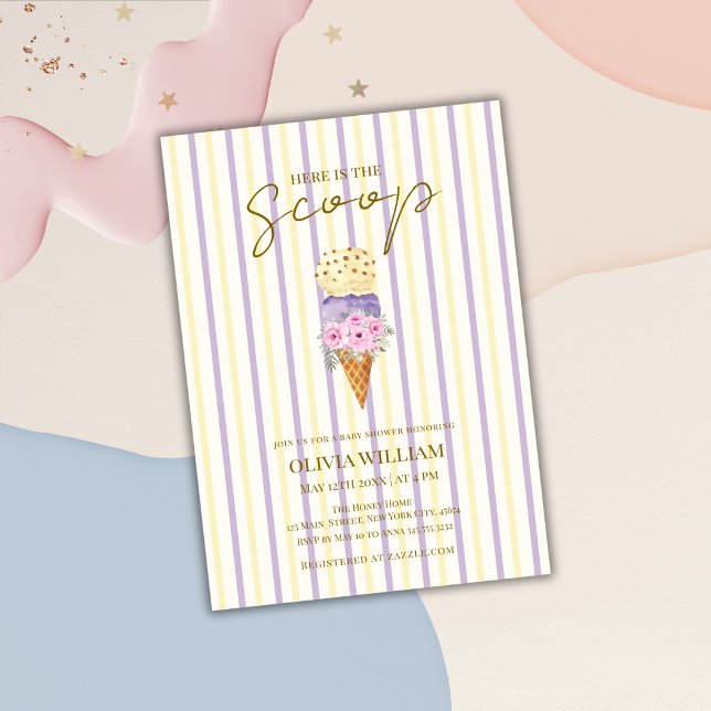 Invitation Baby shower de crème glacée jaune pourpre fleuri (Yellow Purple Floral Scoop Ice Cream Baby Shower Invitation)