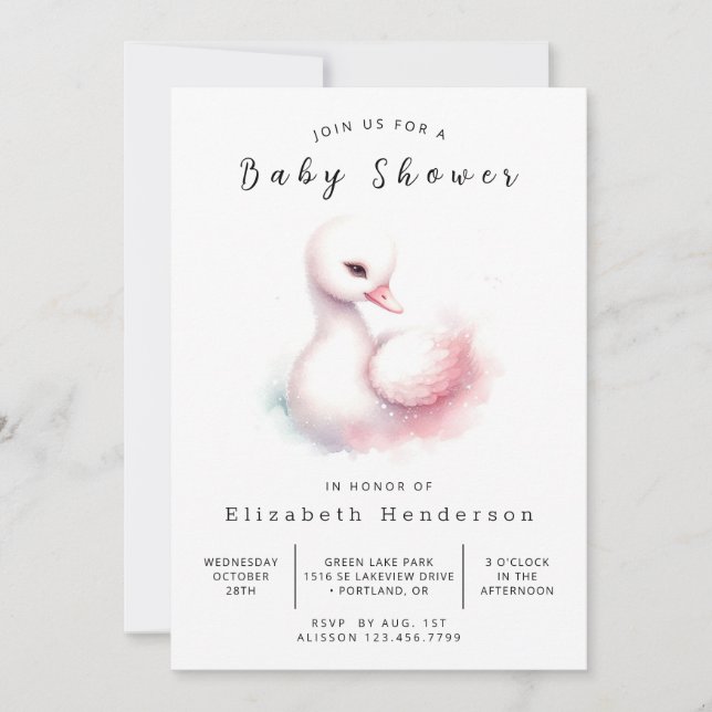 Invitation Baby shower de cygne à impression élégant (Devant)
