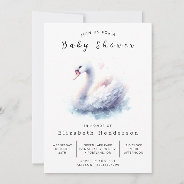 Invitation Baby shower de cygne à impression élégant (Devant)