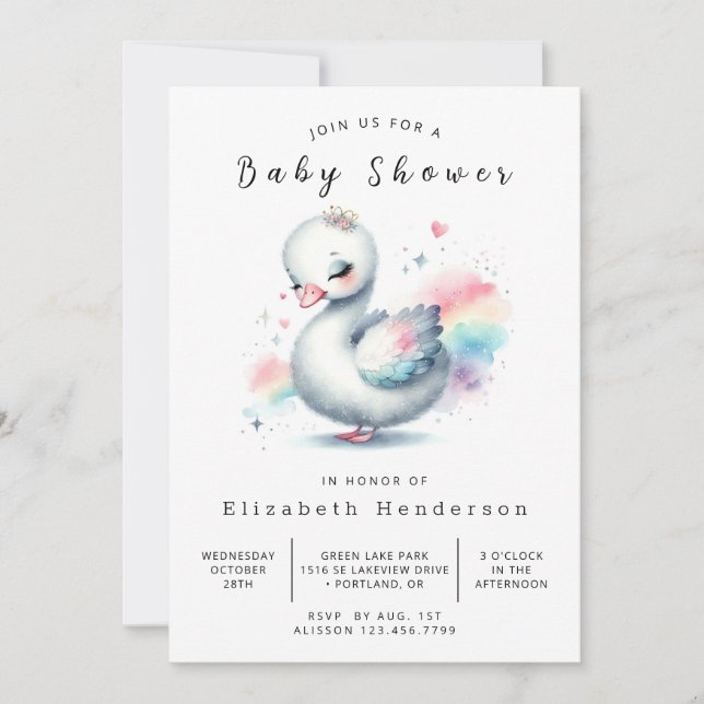Invitation Baby shower de cygne à impression élégant (Devant)