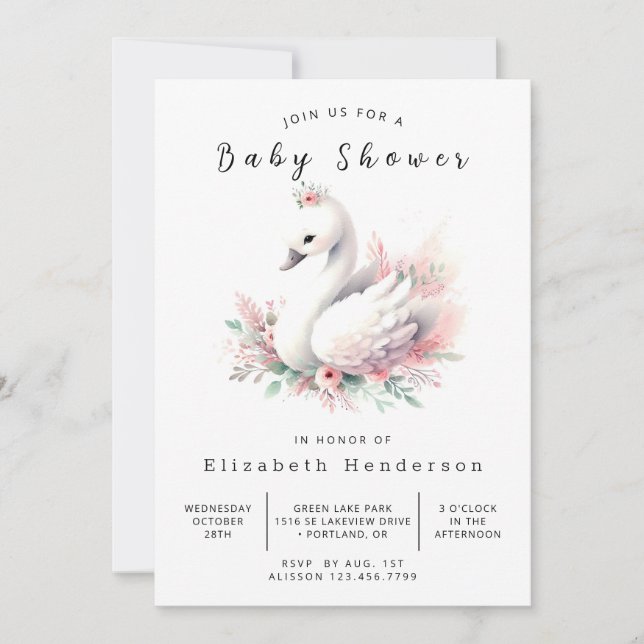 Invitation Baby shower de cygne chic et modifiable (Devant)