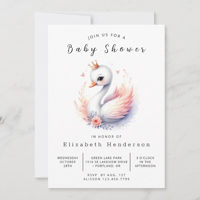 Invitation Baby shower de cygne du lac Editable (Devant)