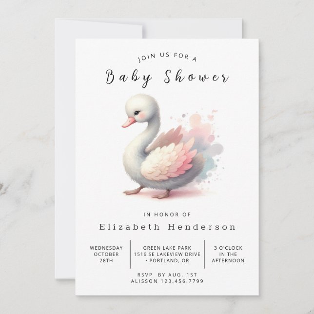 Invitation Baby shower de cygne élégant et modifiable (Devant)